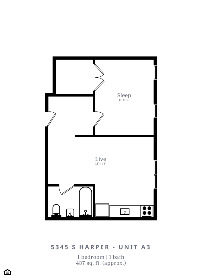 Floor plan for studio, 1 bath, 437 sqft